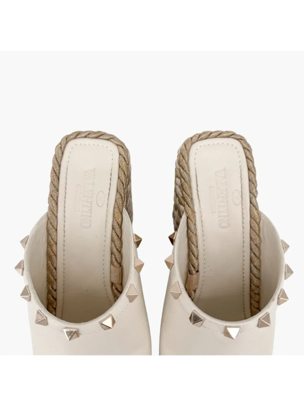 Valentino Rockstud Torchon Espadrille Wedge Sandals White Leather Size 39 US 9